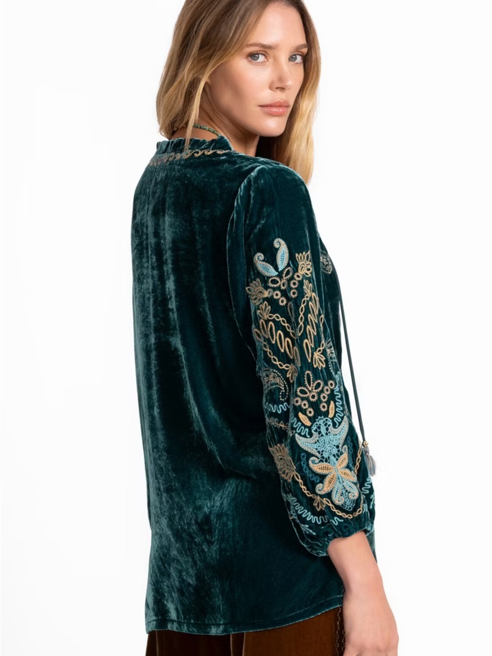 Johnny Was Shira Velvet Field Blouse Peacock Teal Blue Green L $348 - Picture 3 of 15